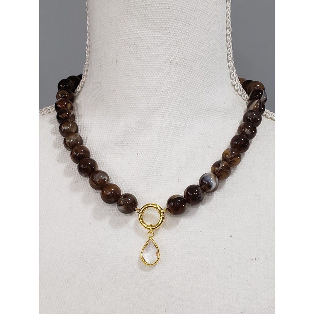 Mayamar FAUX TIGER EYE Marbled Beaded Necklace Crystal Drop Pendant BOHEMIAN